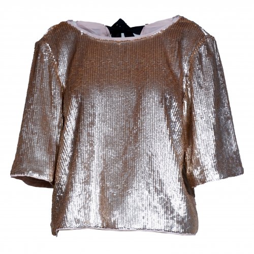 J.CREW GOLD SEQUINE TOP WITH BLACK RIBBONS BEHIND SIZE:6