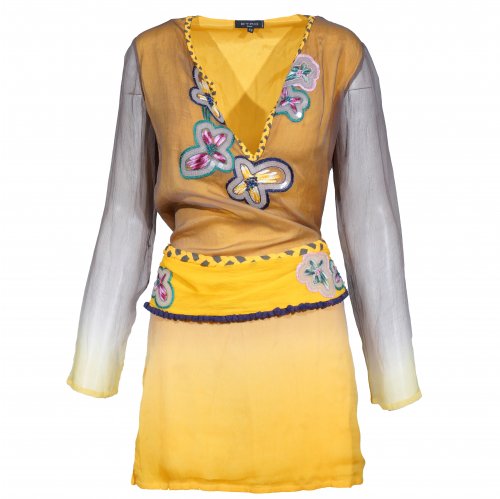 ETRO YELLOW-BROWN EMBROIDERED TOUNIQ WITH BELT WITH PONPON IT44